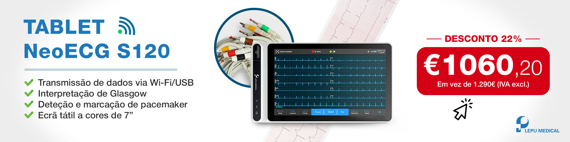 Tablet NeoECG S120 – Electrocardiógrafo portátil de 12 derivações sem fios