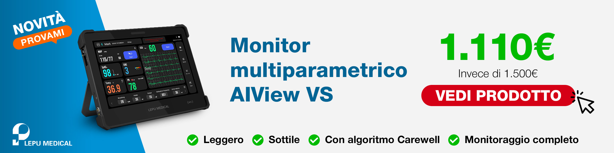 Monitor multiparametrico AIView VS su tablet - SpO2, PR, NIBP, ECG, Temp