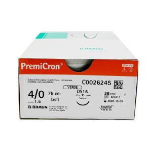PremiCron suture non assorbibili in Poliestere Tereftalato, ago 3/8 da 24mm, USP 2/0 - filo verde da 75 cm