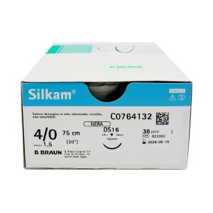 Silkam suturas no absorbibles de seda, aguja 1/2 de 17 mm, USP 4/0 - hebra negra de 75 cm