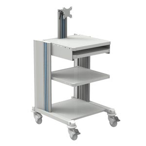 Carrello in alluminio e ABS con passacavi - 2 ripiani, tastiera, supporto monitor, ripiano estraibile