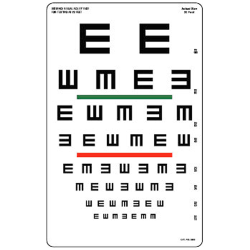 Escala Optométrica Tumbling com  letra "E" e barra a cores - distância 6 m - 23 x 35,5 cm