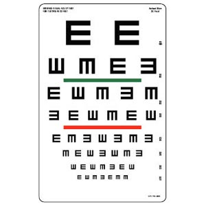 Echelle optométrique de Tumbling avec lettre « E » et barre couleurs - distance 6 m - 23 x 35,5cm