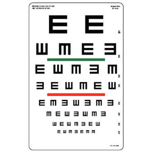 Tabla optométrica TUMBLING con letra E y barra de colores - 23 × 35,5 cm / 6 m 