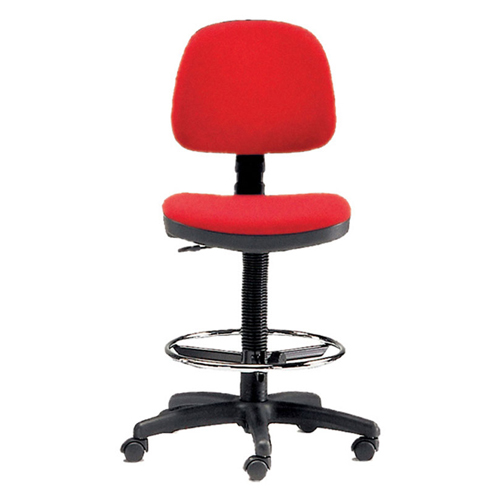 Sgabello ad altezza regolabile 60 - 80 cm con sedile imbottito Ø 43 cm e base con ruote e anello - con schienale - rosso