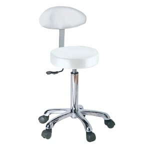 Sgabello in acciaio ad altezza regolabile 53 - 68 cm con sedile imbottito Ø 33 cm e base con ruote - con schienale - bianco