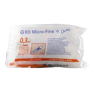 BD Micro-Fine™+ 0,3 ml - 30 unités graduée en demi unités avec une aiguille 30G x 8 mm Seringues à insuline, stériles, non réutilisables, destinées à l'administration d'insuline dans le traitement du diabète.